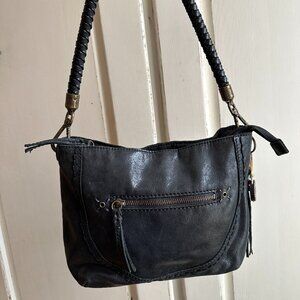 The Sak Indio Black Leather Shoulder Bag Purse Braided Strap